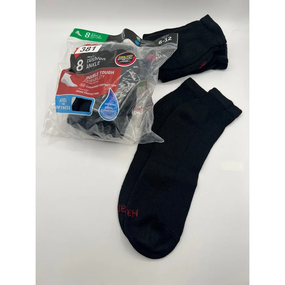 Hanes Mens Cushion Ankle Socks Black 7 Pairs Shoe Size 6-12 Double Tough FreshIQ